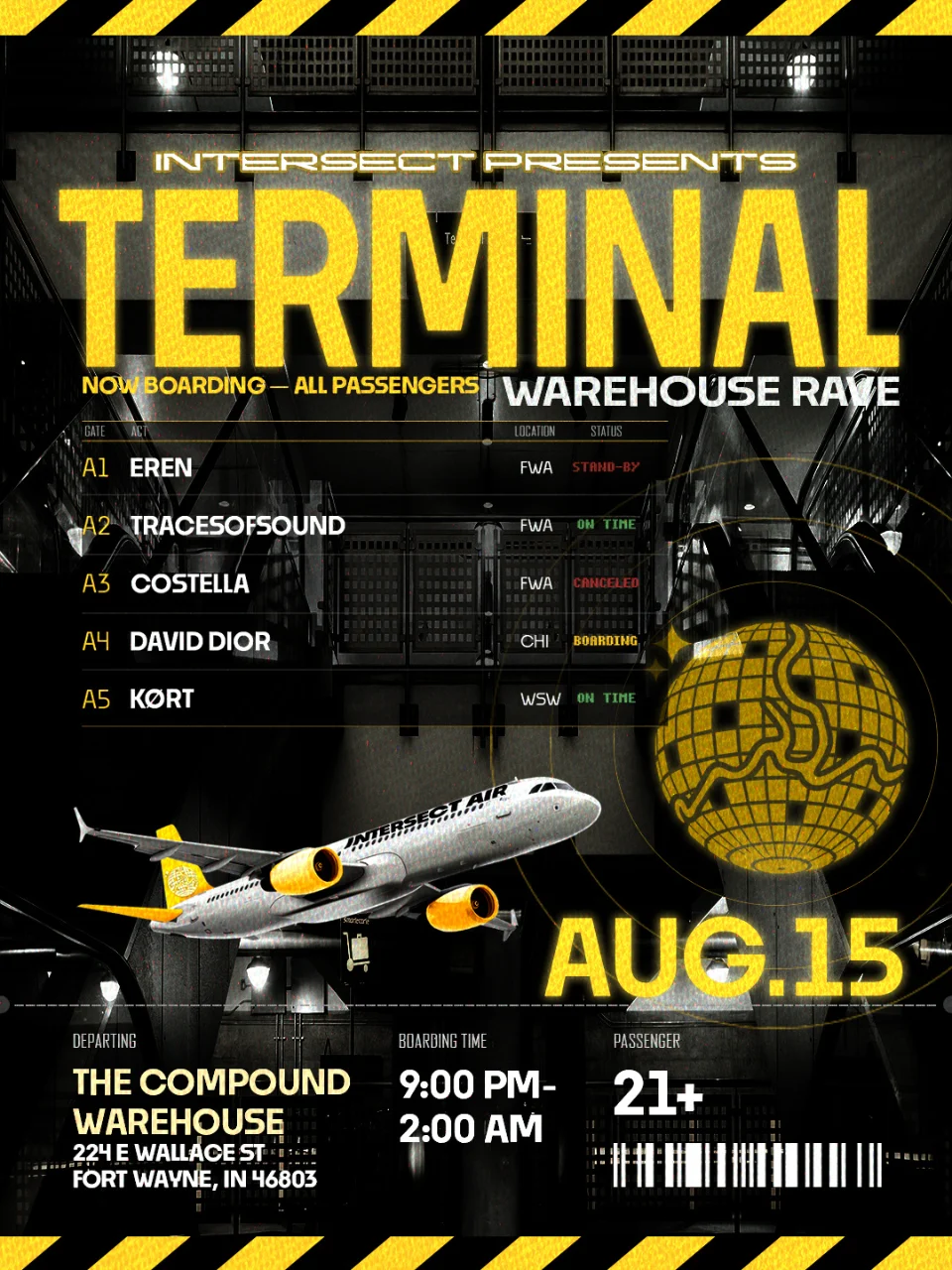 Terminal warehouse rave event artwork