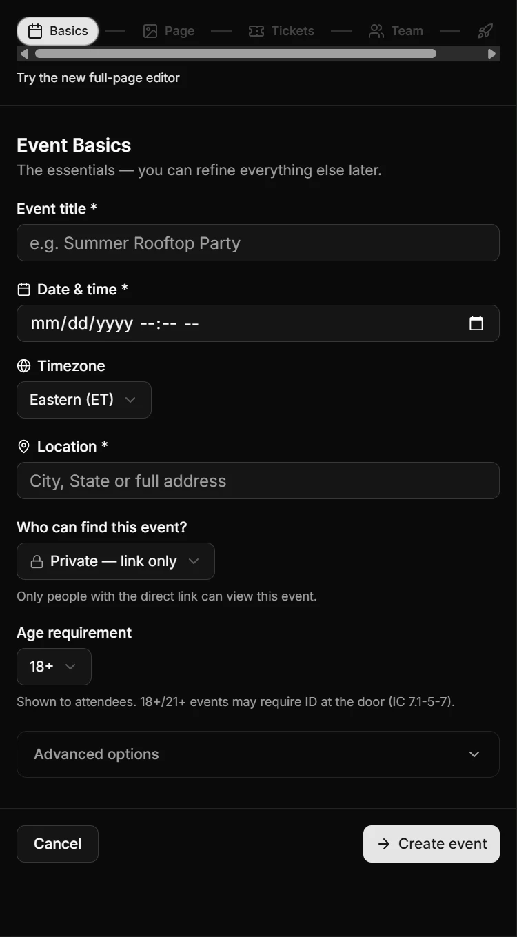 PopOut mobile website: Build your event